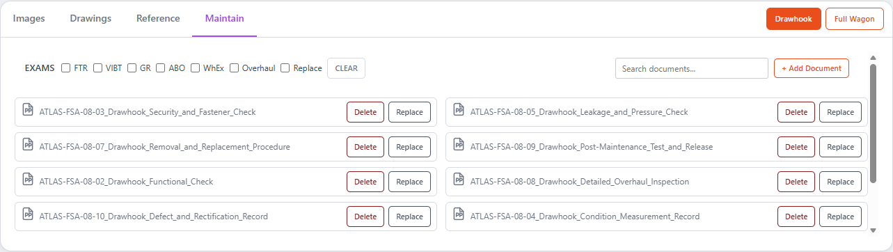ATLAS Maintain interface showing searchable maintenance documents with Add, Replace and Delete controls