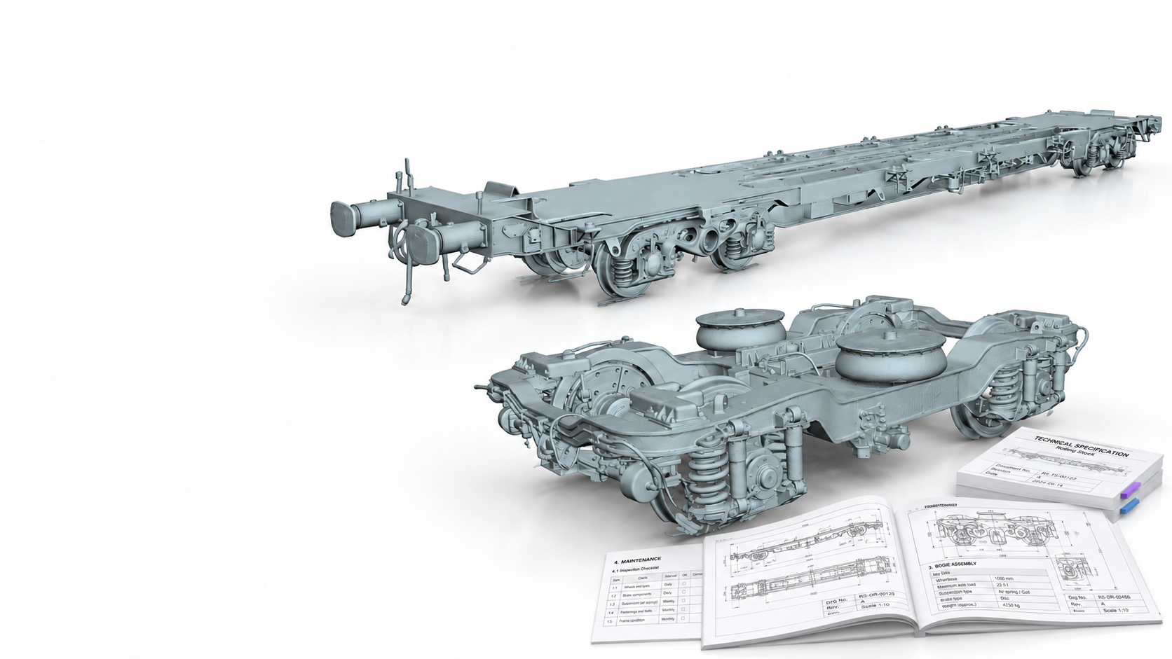 Wagon and bogie scan models alongside engineering drawings, specifications and maintenance documents