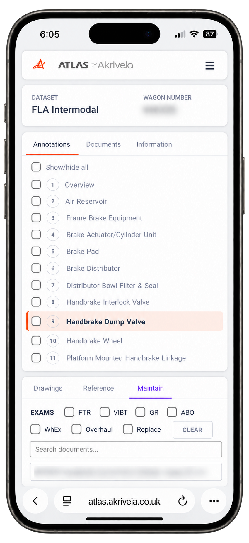 ATLAS on a phone, showing asset annotations and maintenance document search and filters.