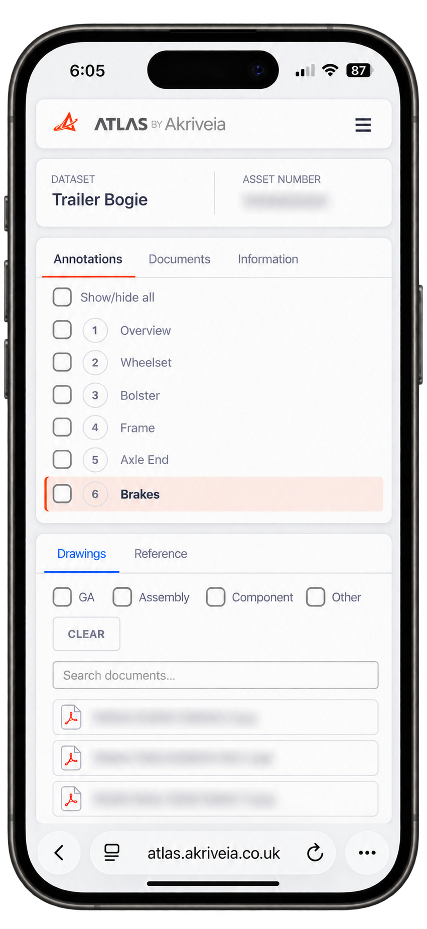 ATLAS Reference Workshop on an iPhone, showing Trailer Bogie components, drawing filters and a document list with private details blurred.